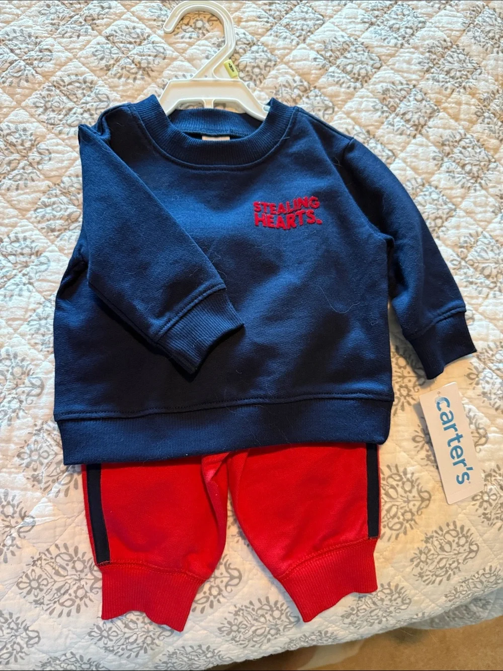 Carter's Navy Sweatshirt with Red 'Stealing Hearts' & Red Joggers 3m